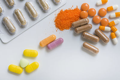 High angle view of candies on table