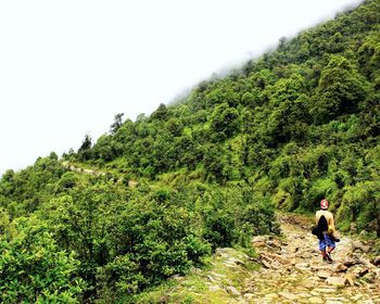 Rear view of man on mountain against sky
