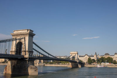 Bridge over river with city in background