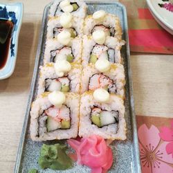 High angle view of sushi on table