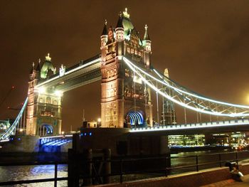 Suspension bridge over river at night