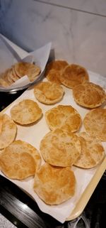 High angle view of breakfast in plate on table