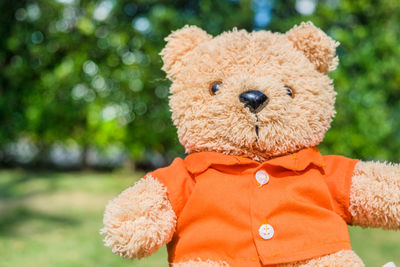 Brown bear wearing orange shirt and sitting in the garden.