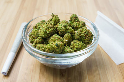 High angle view of vegetables in bowl on table