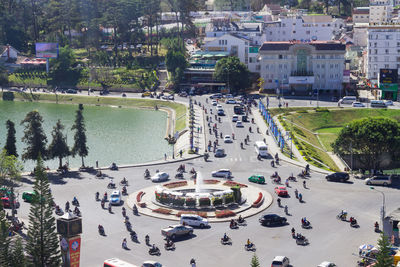 High angle view of vehicles on road in city