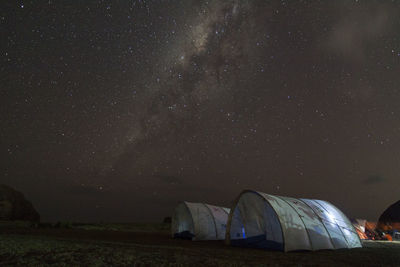 Tent on field against sky at night