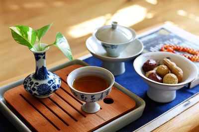 High angle view of breakfast on table