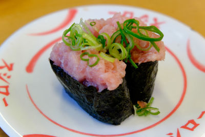 Close-up of sushi served in plate