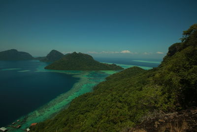 Scenic view of sea and mountains against sky