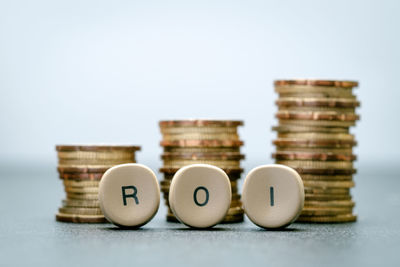 Close-up of coins on table