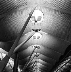 Low angle view of illuminated pendant lights hanging from ceiling