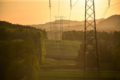 Overhead power lines through fileds and forests