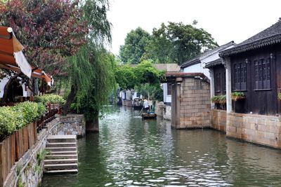 River amidst houses and trees against sky