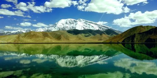 Scenic view of lake and mountains against sky