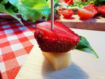 Close-up of dessert served on table