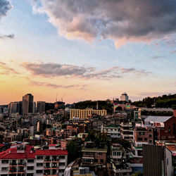 High angle view of townscape against sky during sunset
