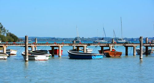 Boats in marina at harbor against clear blue sky