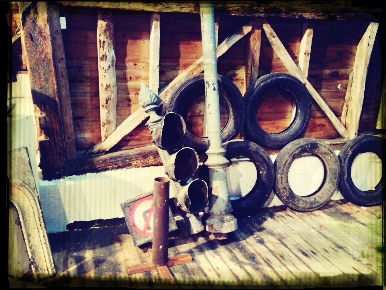 transfer print, wood - material, auto post production filter, old, abandoned, obsolete, indoors, old-fashioned, damaged, metal, wooden, run-down, rusty, stack, still life, equipment, no people, deterioration, wood, industry