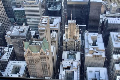 High angle view of modern buildings in city