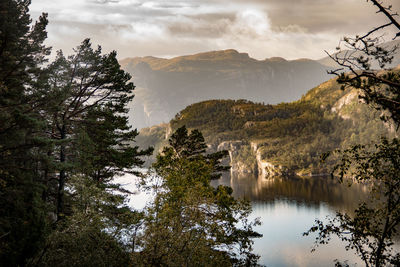 Scenic view of lake by trees against sky