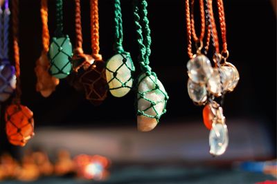 Close-up of decorations hanging in market