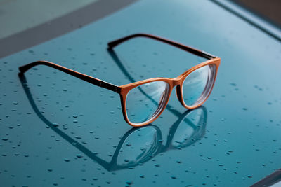 High angle view of eyeglasses on table