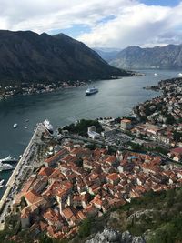 High angle view of harbor by sea against sky