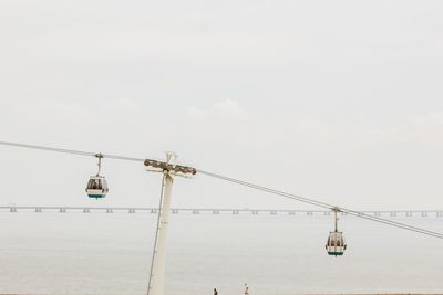 Overhead cable car over sea against sky