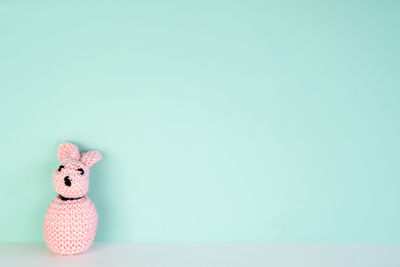 View of stuffed toy against blue background