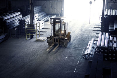 High angle view of forklift in metal industry