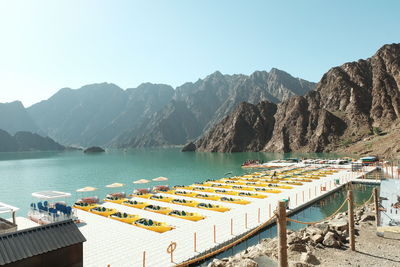 Scenic view of lake and mountains against clear sky