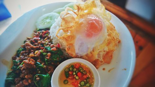 High angle view of breakfast served on table