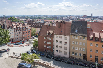 High angle view of buildings in city against sky