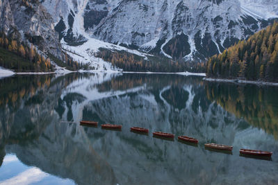 Panoramic view of lake and snowcapped mountains