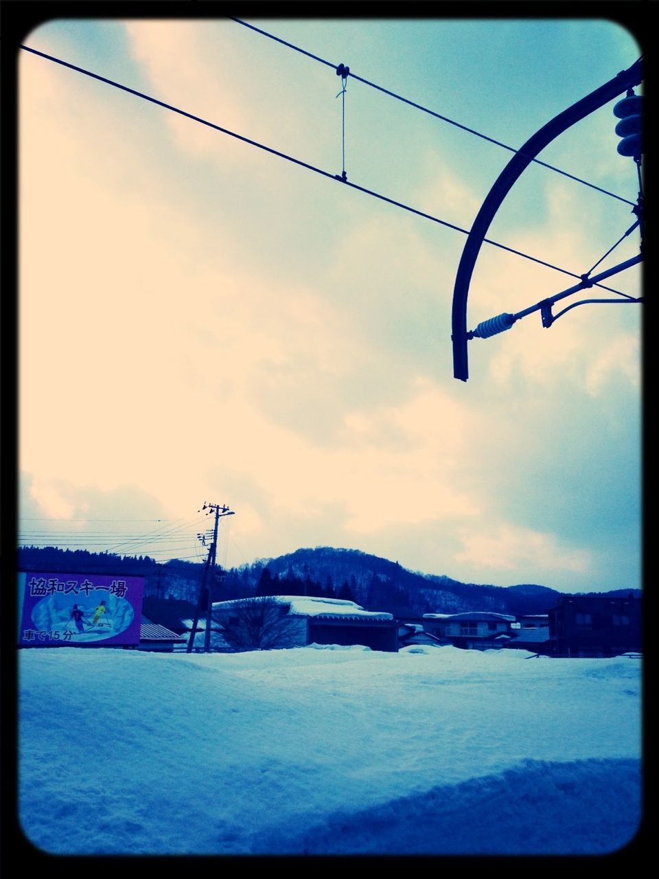 transfer print, sky, auto post production filter, snow, winter, cloud - sky, cold temperature, weather, electricity pylon, tranquility, transportation, cloud, landscape, outdoors, tranquil scene, power line, nature, day, electricity, season