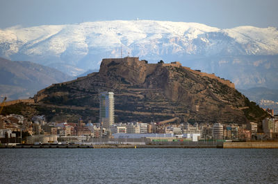 Buildings against mountain range