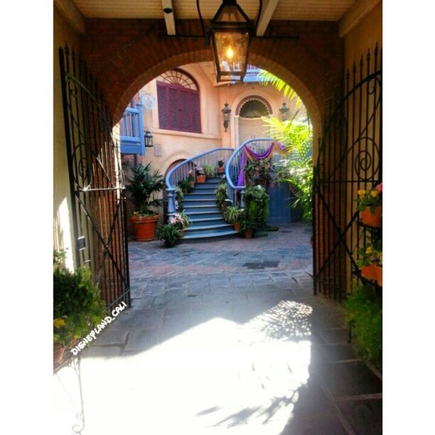 architecture, built structure, arch, the way forward, building exterior, railing, indoors, steps, entrance, diminishing perspective, archway, sunlight, empty, day, tree, no people, walkway, gate, building, house