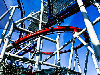 Low angle view of ferris wheel against clear blue sky