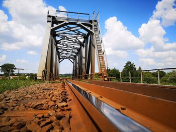 Surface level of railroad tracks against sky