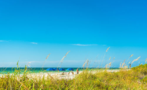 Scenic view of sea against blue sky