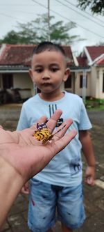 Boy looking at cropped hand holding butterfly