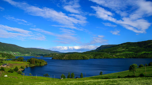 Scenic view of lake against cloudy sky