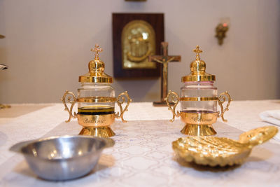 Close-up of lamp on table at home