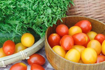 High angle view of tomatoes in basket