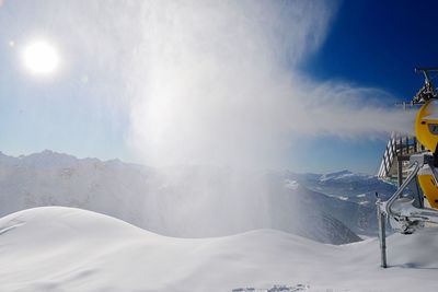 Scenic view of snow covered mountains against sky