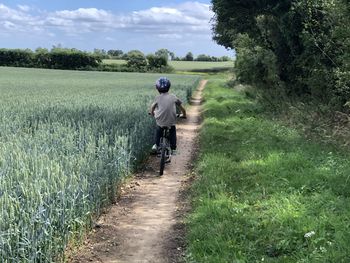 Rear view of man walking on road