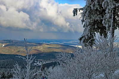 Scenic view of snow covered land against sky