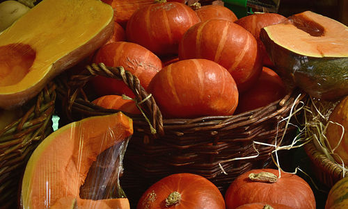 High angle view of pumpkins in market