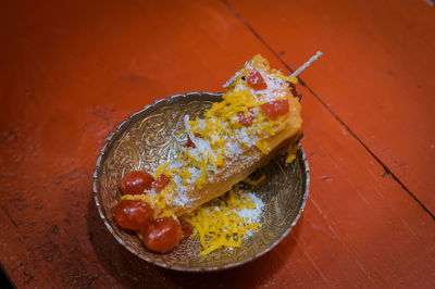 High angle view of breakfast in plate on table