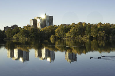 Reflection of trees in lake against clear sky